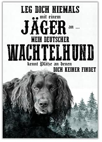 Schild DEUTSCHER WACHTELHUND Dog Hund Jäger Spruch Türschild Hundeschild Jagd Jagdhund Geschenkidee lustiger Spruch Hundemotiv Aluminium Wetterfestes Hundeschild