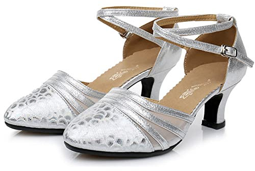 Donna Scarpe da Ballo，Scarpe col Tacco per Feste Matrimoni Latino Moderno e Tango (Argento, 35EU Normale)