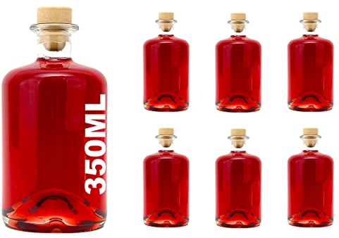 casavetro - 6 bottiglie vuote di vetro da 350 ml, flaconi da farmacista con tappo di sughero, per vino, liquore, aceto e olio, da riempire, 0,35 l