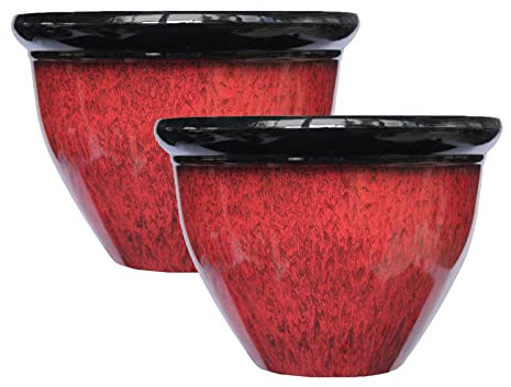 simpa Two Colour Tone Drip Glaze Effect Plastic Planter Pots - RED, Set of 2 Pots - 17cm (H) x 23cm Diameter