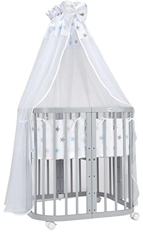 waldin Babybett 7in1, Matratze, Rollen, Regal, Grau | Stoff Sterne Blau, Mitwachsend, Beistellbett aus Holz, Wiege optional
