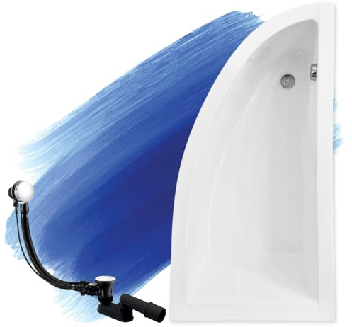 BADLAND Badewanne Original Weiß Acryl Wanne Eckbadewanne PRAKTIKA 140x70 Rechts KOMPLETTSET SET + Füßen und Exklusive Chrom Automatik Ablaufgarnitur Made in EU 3in1