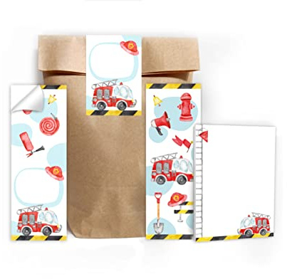 Junapack 6 Lesezeichen + 6 Mini-Notizblöcke + 6 Geschenktüten (Natur) + 6 Aufkleber Feuerwehr Feuerwehrauto Mitgebsel Gastgeschenk beim Kindergeburtstag Jungen