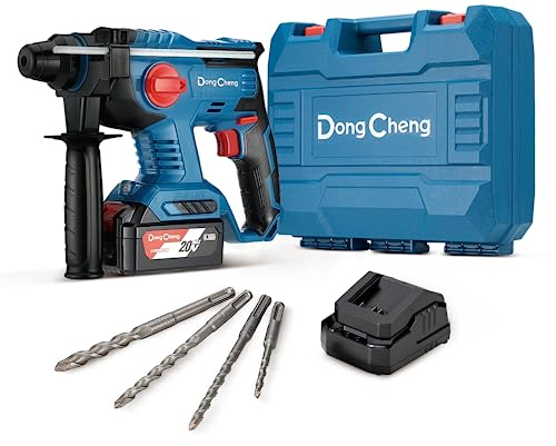 DongCheng Akku Bohrhammer 18V, Schlagenergie 2.1 J, mit 4 Stück SDS-plus, Bohren bis 28 mm, Bürstenloser Bohrhammer Motor, Anti-Vibrationsgriff, inkl. 4Ah Akku und 2A Ladegerät im Handwerkerkoffer