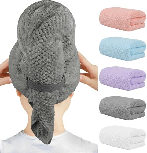 HOMEXCEL Paquete de 5 toallas de microfibra para el cabello, 40 x 20 pulgadas, turbantes súper suaves de secado rápido para cabello largo, grueso y rizado, envoltura antiencrespamiento con correa