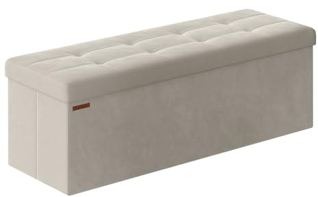 SONGMICS Banc de Rangement, Pouf Pliable, 38 x 110 x 38 cm, Bout de Lit, Repose-Pieds, Coffre de Rangement, Charge jusqu'à 300 kg, pour Salon, Chambre, Entrée, Blanc Crème LSF277W01