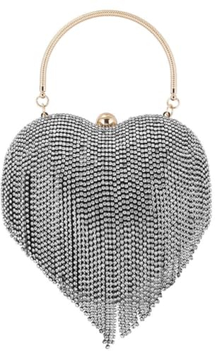 ISAKEN Damen Clutch Herzförmige Glitzer Diamant Strass Fransen AbendHandtasche für Frauen Elegante Herzförmige Umhängetasche Schultertaschen Hochzeit Party Geldbörse Brauttasche