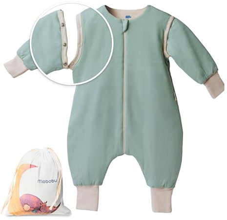Mababu Saco de dormir para bebé para todo el año con pies y mangas extraíbles, 100% algodón orgánico GOTS, saco de dormir infantil para todo el año con pies, puños plegables, verde marino, 100 cm