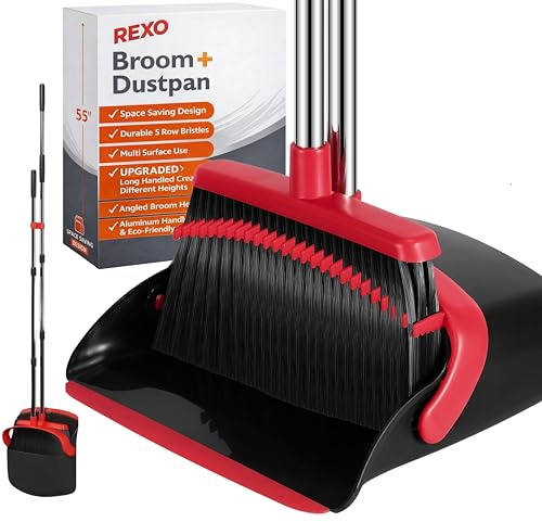 REXO - 55 Adjustable Long Handled Dustpan And Brush Set. Ergonomic Tall Standing Dustpan Brush Set With Long Handle, Lobby Broom For Everyday Sweeping (Red, Black)