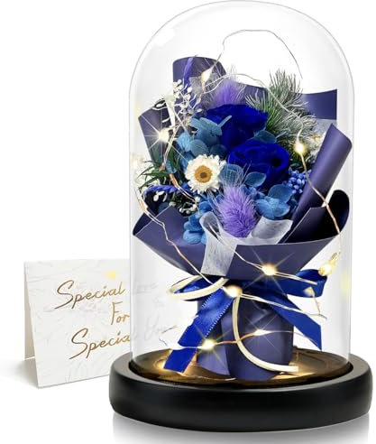 DINGHENG Regalo para mujeres, rosa eterna en cristal con LED, ramo de rosas azules, decoración para el hogar, flores reales duraderas para mamá, novia, esposa, abuela (azul)