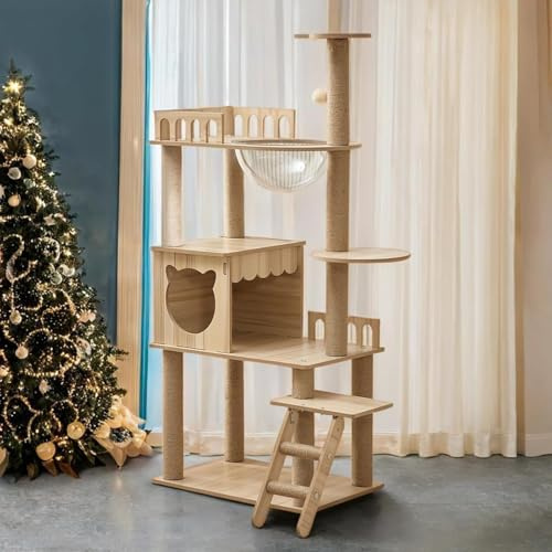 Mekidulu KT-022 Tour à Chat Moderne en Bois Pur de 135 cm avec Niche, escaliers, Bol, 9 griffoirs en sisal, perchoir supérieur, balles pour Jouets, pour Chats d’intérieur et Adultes