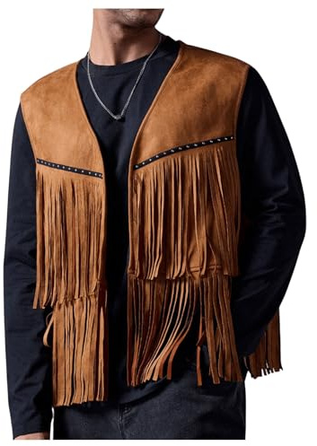 OYOANGLE Men's Casual Suede Top Shirt Boho Fringe Trim Open Front Sleeveless Vest Jacket Waistcoat Brown M