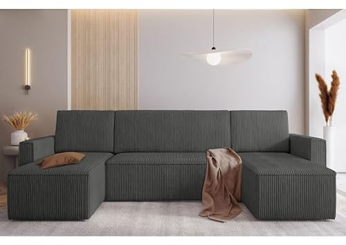 MODERNO Ecksofa mit Schlaffunktion und Bettkasten MIMIR U - Sofa mit +3 Sitzen - Schlafcouch Wohnlandschaft U Form - Modern Couch 305x144x80 cm - Big Sofa XXL - Dunkelgrau