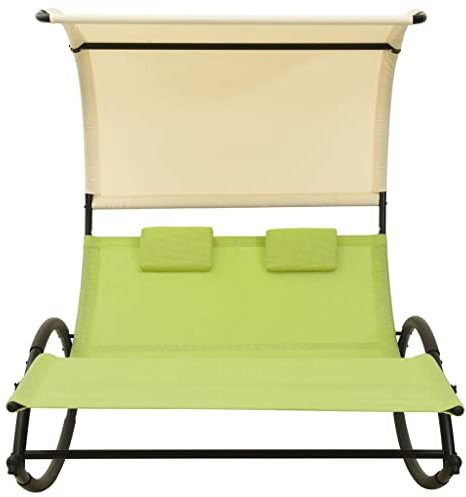 HETFTJN Relax Liegestuhl Strandstuhl Balkonmöbel Relaxliege Wohnzimmer - Doppel-Sonnenliege mit Sonnendach Textilene Grün und Creme für Balkon Outdoor Camping Garten