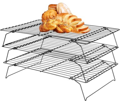 Umllpet Griglia di raffreddamento impilabile, 3 piani in acciaio inox, griglia per il raffreddamento della torta, antiaderente, 40 x 25 cm, in acciaio inox, impilabile, per biscotti, cupcake, barbecue