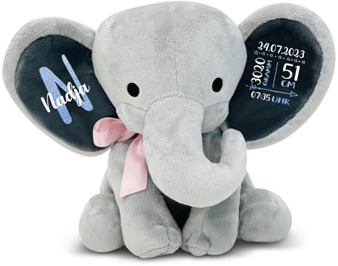 Love Faith personalisierter Kuschelelefant - grau/rosa - Geburtsgeschenk | Niedlicher Plüschelefant in Grau mit rosa Schleife - Individuelles Geschenk für Mädchen zur Geburt, Taufe oder Geburtstag