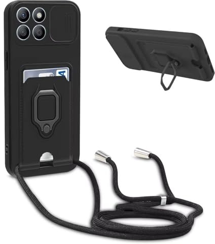 BGHHEU Handykette Schutzhülle kompatibel mit Xiaomi 14T PRO 5G Handyhülle mit Band,Schiebe Kameraschutz,360 Grad Ringhalter Stand,Kartenfach,Verstellbarer Halskette Silikon hülle - Schwarz