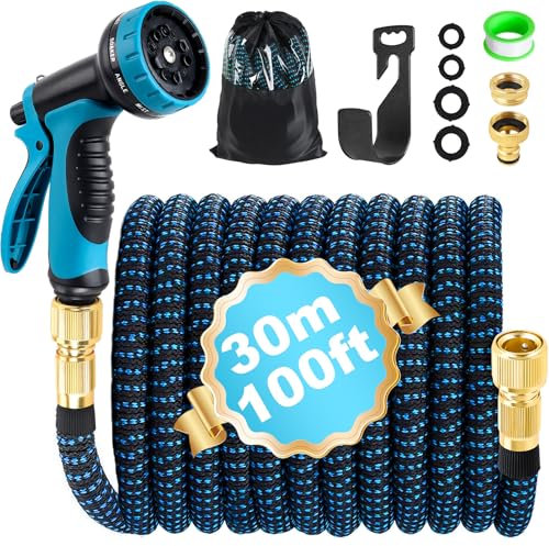 INSCN Tubo Acqua Giardino Estensibile 30m, Flessibile con Adattatori 1/2 e 3/4, Pistola Giardino Multifunzione, Canna Acqua per Irrigazione, Giardinaggio, Lavaggio Auto, Nero e Blu