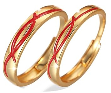 Calefee Anelli Filo Rosso del Destino Coppia Oro, Anello Matrimonio Coppia Persona Regolabili Argento 999 Anello a Fascia In Oro con Smalto Rosso