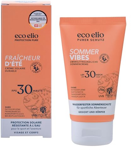 eco elio LSF 30 Sonnencreme 75ml Sommer Vibes Wasserfest ohne Octocrylene und Mikroplastik Kokosduft Sunscreen für Face und Körper