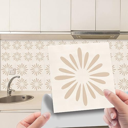 Adesivi per piastrelle con fiori beige, impermeabili, quadrati, trasferimenti da parete, per cucina, bagno, staccabili e attacca, copertura fai da te per camino, rimovibili, 10 x 10 cm