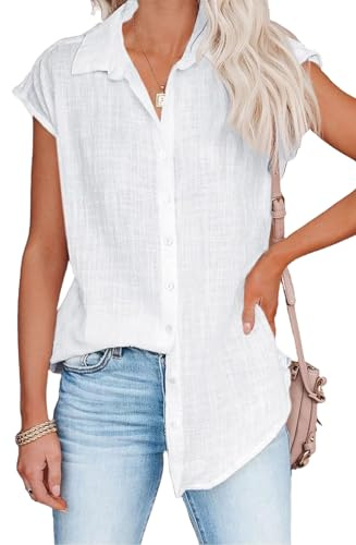 Bluse Damen Sommer Leinenbluse Kurzarm V-Ausschnitt Musselin Bluse Oberteile Button Down Leinenhemd Revers Kragen Arbeit Blusenshirt Elegant Baumwolle Leinen Shirt