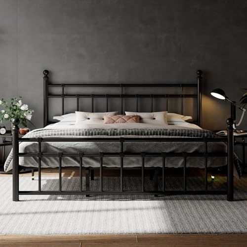 Feonase King Size Metal Platform Bed Frame with Victorian Classic Iron-Art Headboard & Footboard, Steel Slats Support, 12 Under Bed Storage, No Box Spring Needed, Easy Assembly, Noise-Free, Black