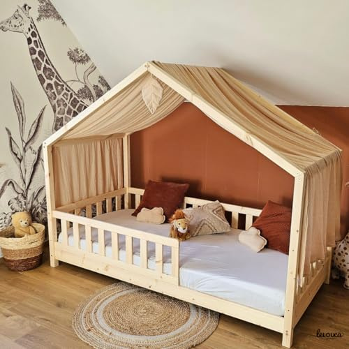 Lelouca Ciel de lit cabane,100x350 cm, Coton Biologique Beige, décoration pour Chambre bébé ou Enfant. Inclus : 1 Toile lit cabane; 1 Feuille de décoration et Les Attaches Pratiques.