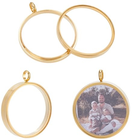 UNICRAFTALE 2 Stück 18 Karat Vergoldeter Memory Medaillon Anhänger Edelstahl Glas Schwimmender Anhänger Kristall Fotorahmen Medaillon Anhängers Flach Rund DIY Bild Foto Charm Zur Schmuckherstellung