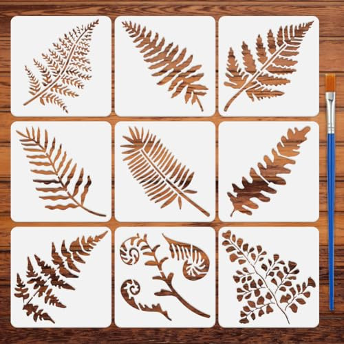FINGERINSPIRE 9 Pz Stencil per Pittura con Foglie di Felce con Pennello 15x15cm Diversi Tipi di Modello di Disegno di Foglie di Felce Stencil Fai da Te a Tema Piante per Pittura su Legno Pareti