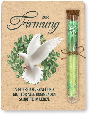 ZUKLA Emballage pour cadeaux en argent pour confirmation - 13 x 10 cm - Avec tube à essai - Cadeaux de confirmation pour filles et garçons - Emballage cadeau en argent - Carte de confirmation en bois