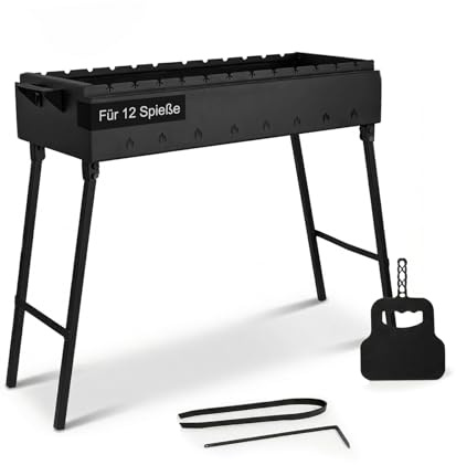 Mangal Klappbar Holzkohlegrill für 12 Spieße 2 mm Stahl 80x33 cm Schaschlik Grill Shashlychnik BBQ Klappgrill Ideal für Garten, Camping & Picknick
