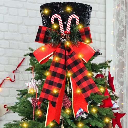 Ruaizel Weihnachtsbaumspitze Hut, 26cm Großer Faltbarer Baumkronenhut mit Karierte Schleifenband, Weihnachtsbaumschmuck Zylinderhut, Weihnachtsbaum Topper Hut, Weihnachtsbaum Deko (Blau)