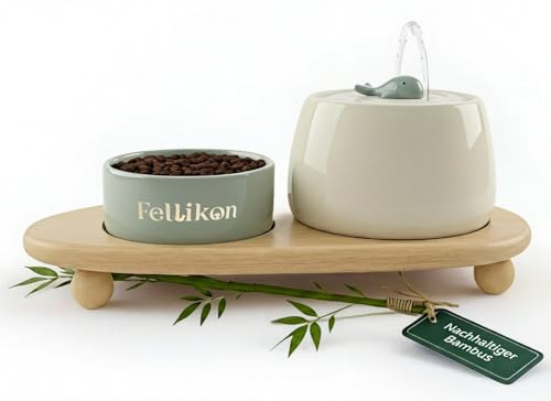 Fellikon© Katzenbrunnen Keramik Set mit Futternapf & 3-Fach Wasserfiltersystem – 1,3L Wasserspender mit Modernem Bambusbrett für Katzen, Trinkbrunnen für Katzen, Spülmaschinenfester Futternapf