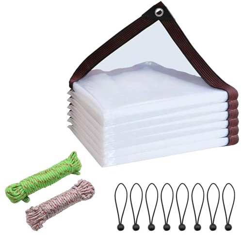 2m x 3m Clear Tarpaulin Waterproof Heavy Duty with Eyelets and 10M Rope, Thicken Tarp Cover, Outdoor Transparent Cover for Garden Patio Lawn Plants Greenhouse Chicken Rabbit Hutch
