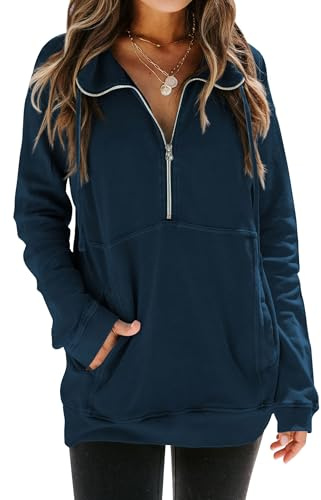 MYMORE Women's 1/2 Half Zip Sweatshirt Nursing Breastfeeding Quarter Zip Pullover Fall Cotton Plus Size Oversized Tunic Sweatshirt with Pockets Navy Blue M