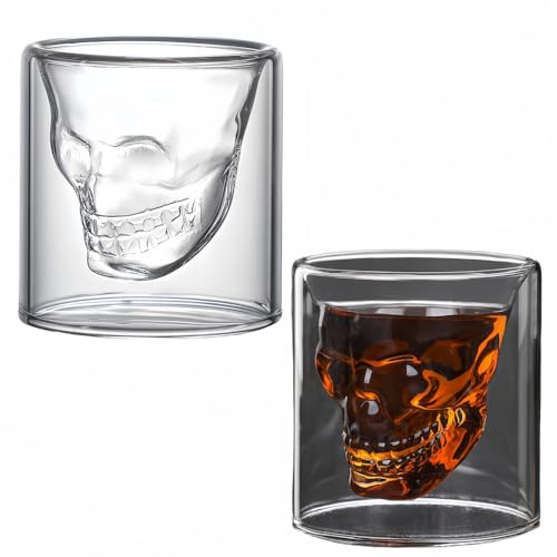Vyloky Lot de 2 tasses en verre à double paroi avec design tête de mort – Verre à cocktail créatif pour fête, bar, café (lot de 2, 4 tailles) (150 ml)