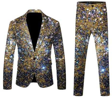 Abito da Uomo in 2 Pezzi Set Completo Disco Outfit Giacca Scintillante e Pantalone Paillettes Stampa Abiti per Festa a Tema Disco con Palla da Discoteca Carnevale Costume da Disco con Palla da