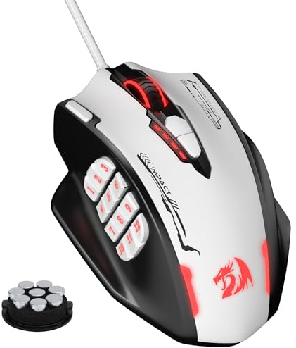 Redragon M908 Impact RGB MMO spelmus, optisk trådbunden ergonomisk mus med max 24 000 DPI, hög precision, 18 programmerbara makrogenvägar, komfortgrepp, svart och vit