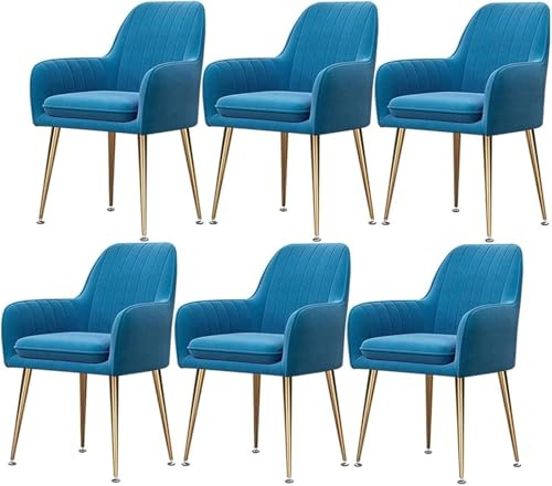 Sammetsmatstolar Set med 6 metallben Fåtölj Hemmastol for mötesrum med ryggstöd och stoppad sits(Blue,Golden leg)