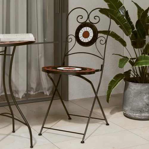 Teenpull Bistrostühle 2er Set Klappbar, Terrakotta und Weiß Keramik Mosaik-Design, Gartenstühle Klappstühle für Balkon Terrasse, Outdoor Stühle Max. 110 kg