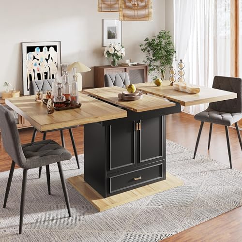 Gxffipw Esstisch Ausziehbar Küchentisch mit Schubladen und 2 Türen für 4-6 Personen, Esszimmertische mit Stauraum, Esszimmertisch Ausziehbar Esszimmermöbel, Holzfarbe+Schwarz, 110-140x80x75 cm