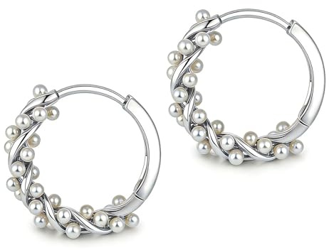 KNUIUYY Orecchini Argento Donna 925 Ago, Orecchini Cerchio di Perle, Piccoli Cerchio Ipoallergenici con Perle Naturali, Eleganti Regalo per Sposa, Adolescenti e Ragazze