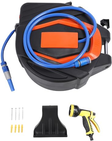 Avvolgitubo per Acqua a Parete Avvolgitubo da Giardino Retrattile con 10 Modelli di Spruzzo Riavvolgimento Automatico Staffa Girevole a 180° per Giardinaggio all'Aperto e Pulizia