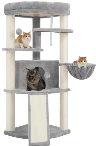 Gitelsnour Eck-Kratzbaum, Katzenbaum für Innenbereich, Mehrstöckiges katzenkratzbaum mit vollständig sisalbezogenen Kratzsäulen, Katzenhöhle, großer Oberplattform, Hängender Katzenkorb, Hellgrau 025W