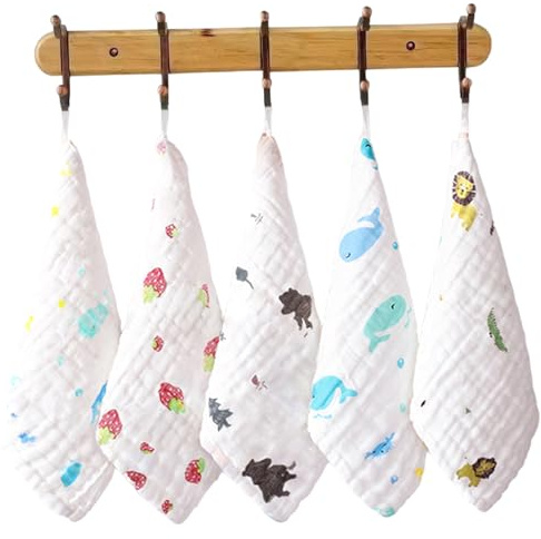Panni in mussola per neonati da 5 pezzi, panno per neonati traspirante super assorbente da 12x12 pollici, quadrati in mussola di cotone lavabile con quadrati corda appesa