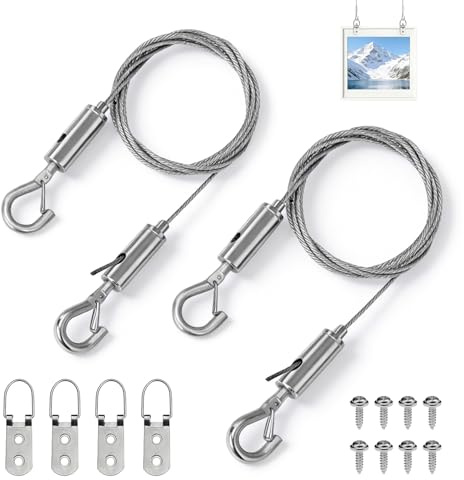 Set di 2 Ganci per Foto, Fune Metallica Regolabile con Occhielli, Corda in Acciaio Inox 1 m × 1,5 mm, Ideale per Appendere Specchi, Cornici, Luci e Oggetti Decorativi
