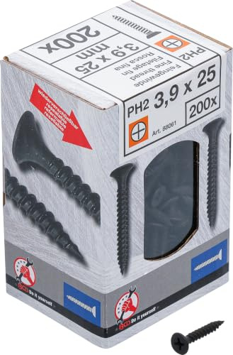 BGS Diy 88061 | Schnellbauschrauben | PH2 | Feingewinde | 3,9 x 25 mm | 200 Stück | phosphatiert, schwarz | Senkkopf | Vollgewinde | für Holz, Gipskarton und Spanplatte