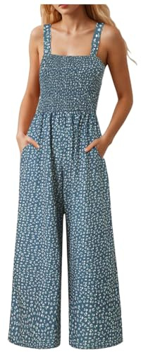 Mono Mujer Verano Elegante Monos de Vestir Estampado Floral Peto de Pierna Ancha Mono Mujer Casual Sin Mangas Pantalón Rompers Verano Tirantes Anchos Peto con Bolsillos Holgado Clásico Palazzo