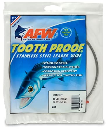 American Fishing Wire Tooth Proof Stainless Steel Single Strand Leader Wire, Size 8, Bright Color, 86 Pound Test, 30-Feet